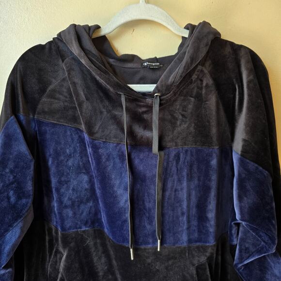 Champion Velour Hoodie Size Large Soft Pullover Navy Black - Picture 2 of 6